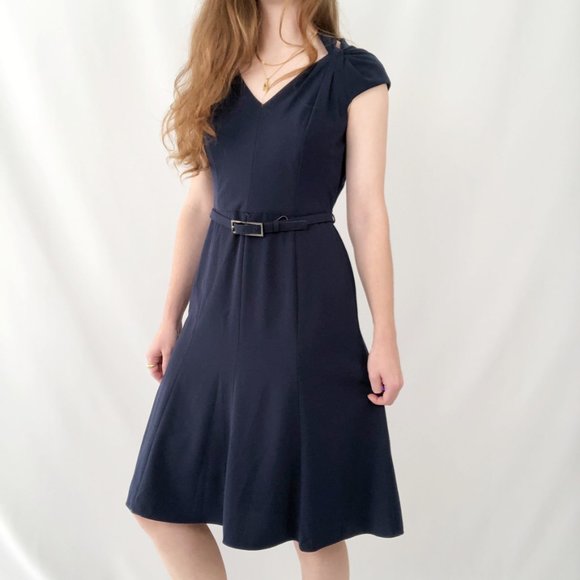 Anne Klein Midi Belted Fit and Flare Navy Blue Dress - Picture 3 of 14